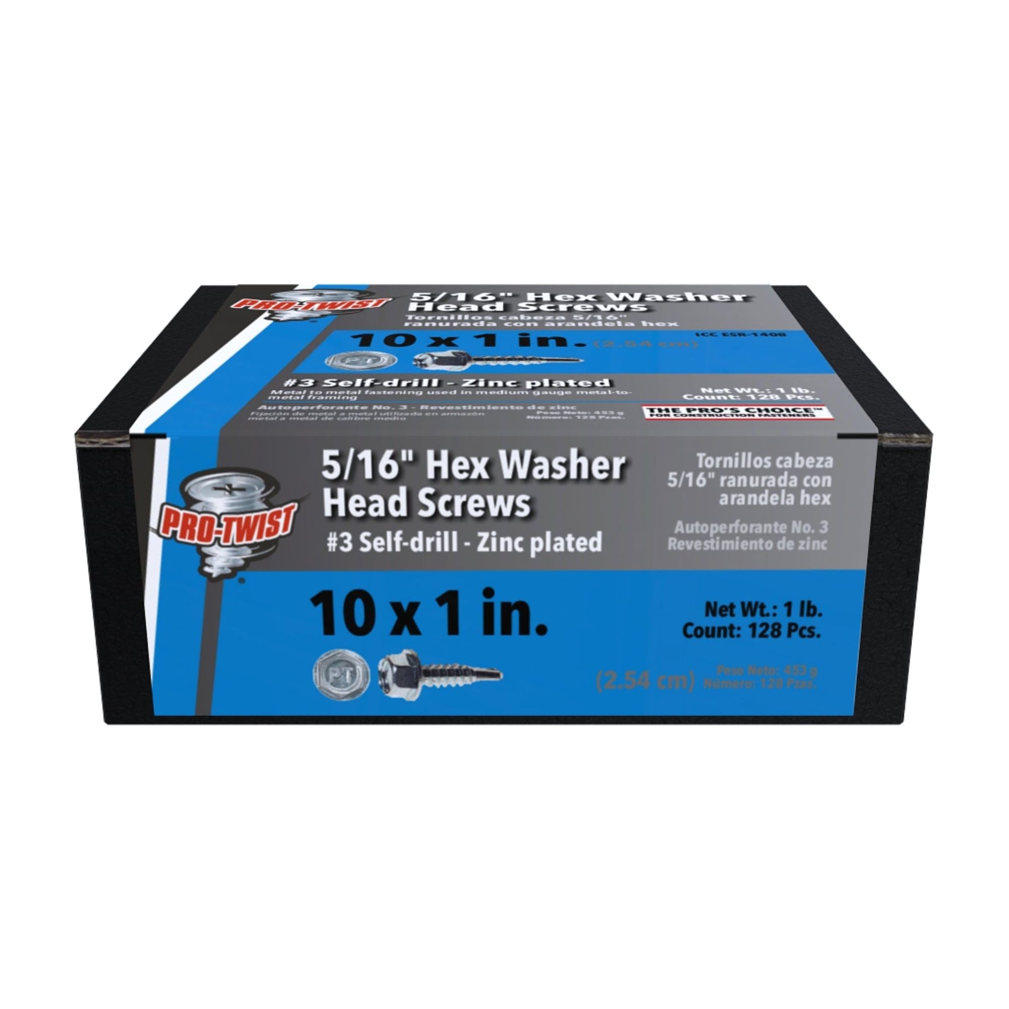 A box of PRO-TWIST NHWD101001 #10 x 1 in. Zinc Plated #3 Self Drill Hex Washer Head Sheet Metal Screws by Pro-Twist includes 131 pieces, weighs 1 pound, and is ideal for reliable fastening needs.